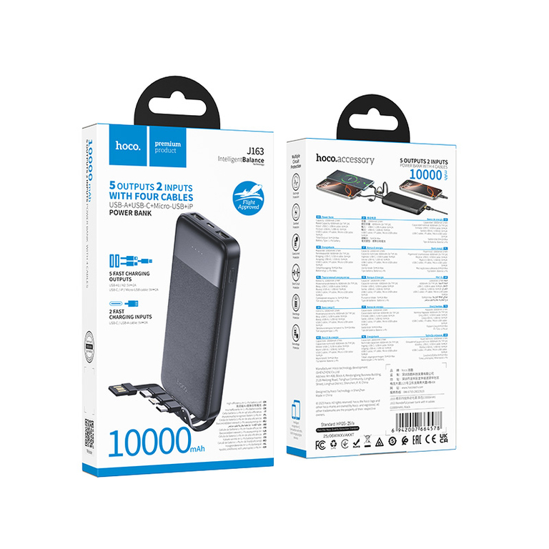 Внешний аккумулятор Hoco J163, 10000mAh, 4 встроенных кабеля