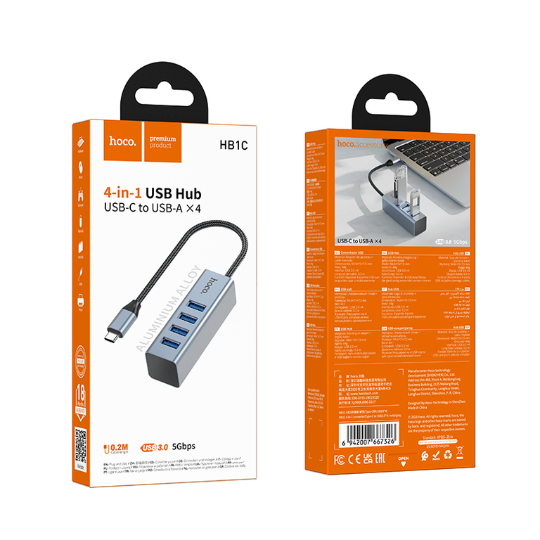 Адаптер - Хаб Hoco HB1C 4-В-1, Type-C на 4USB3.0
