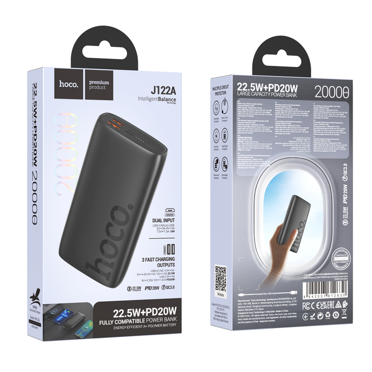 Внешний аккумулятор Hoco J122A 20000mAh, 22,5W, цвет черный